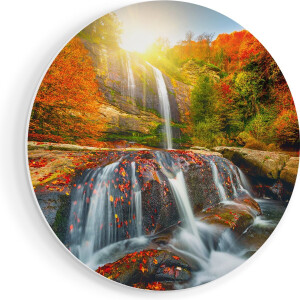 Artaza Forex Muurcirkel Waterval In De Herfst Kleuren - 90x90 cm - Groot - Wandcirkel - Rond Schilderij - Muurdecoratie Cirkel