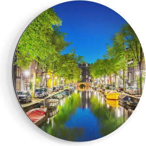 Artaza Dibond Muurcirkel Amsterdamse Gracht In De Nacht - Ø 70 cm - Wandcirkel - Rond Schilderij - Voor Binnen en Buiten