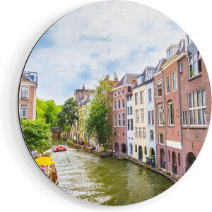 Artaza Dibond Muurcirkel Huizen Aan De Oudegracht In Utrecht - Ø 50 cm - Klein - Wandcirkel - Rond Schilderij - Voor Binnen en Buiten