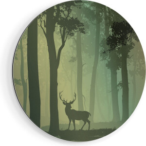 Artaza Dibond Muurcirkel Hert In Het Bos - Silhouet  - Ø 90 cm - Groot - Wandcirkel - Rond Schilderij - Voor Binnen en Buiten