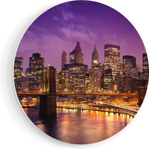 Artaza Forex Muurcirkel Skyline New York Van Centrum In Het Paars - 50x50 cm - Klein - Wandcirkel - Rond Schilderij - Muurdecoratie Cirkel