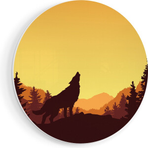 Artaza Forex Muurcirkel Silhouet Van Een Wolf In Het Bos - Abstract - 90x90 cm - Groot - Wandcirkel - Rond Schilderij - Muurdecoratie Cirkel