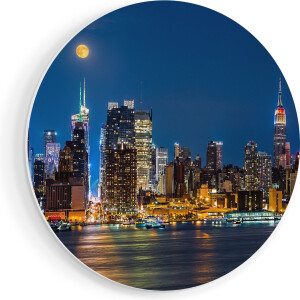 Artaza Forex Muurcirkel Verlichte Skyline Van New York Met Volle Maan - 40x40 cm - Klein - Wandcirkel - Rond Schilderij - Wanddecoratie Cirkel