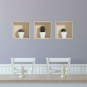 Sticker met 3D-effect van een witte cactus in een pot, 30 x 90 cm