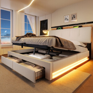 Opbergbed 140x200 cm - bed met hydraulische opbergruimte - USB en USB C - LED verlichting met app - lades en opbergvak - beige