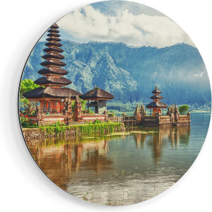 Artaza Dibond Muurcirkel Pura Tempel in Bali op het meer Beratan - Ø 90 cm - Groot - Wandcirkel - Rond Schilderij - Voor Binnen en Buiten