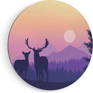 Artaza Dibond Muurcirkel Twee Herten - Zonsondergang - Silhouet - Ø 90 cm - Groot - Wandcirkel - Rond Schilderij - Voor Binnen en Buiten