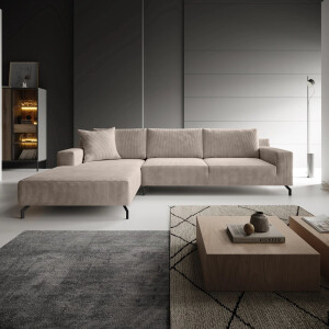 Meubella - Florencio - Hoekbank 3-zits met chaise longue - Ribstof bruin - Links