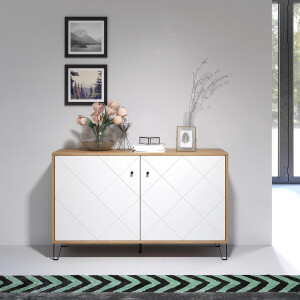 Dressoir met 2 Deuren en Planken 123x40x76 cm – Artisan Eiken/Wit Kast met Metalen Poten en Soft-Close – Moderne Woonkamerkast / Commode – Urbanhome