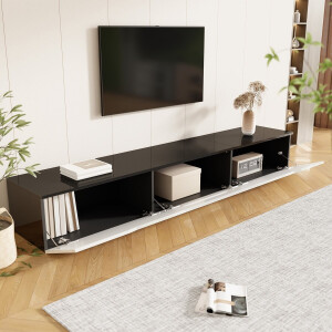 Lemonbest Zwart-wit tv-meubel - 180x35x30 cm - Hoogglanzend oppervlak - Met 16-kleurige ledverlichting - Wandmontage - Moderne stijl