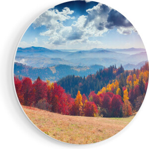 Artaza Forex Muurcirkel Kleurrijke Herfstbos Met Heuvellandschap - 90x90 cm - Groot - Wandcirkel - Rond Schilderij - Muurdecoratie Cirkel