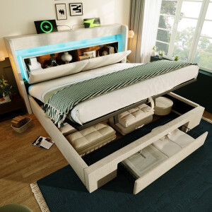 Lemonbest Opbergbed 160x200 cm - tweepersoonsbed - hydraulische opbergruimte - LED hoofdbord - USB en USB C - beige linnen