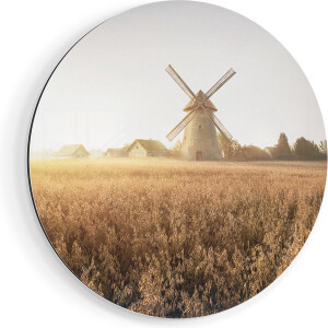 Artaza Dibond Muurcirkel Windmolen in het Veld - Ø 60 cm - Wandcirkel - Rond Schilderij - Voor Binnen en Buiten