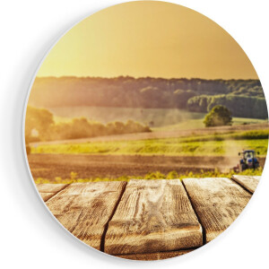 Artaza Forex Muurcirkel Tractor in het Veld met Houten Planken - 90x90 cm - Groot - Wandcirkel - Rond Schilderij - Muurdecoratie Cirkel