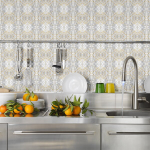 Tegelstickers voor de muur in keuken en badkamer - 24 grijze en gouden tegels met marmerlook - 24 stickers van 20x20 cm