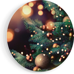 Artaza Forex Muurcirkel Versierde Kerstboom Met Lichtjes - 70x70 cm - Wandcirkel - Rond Schilderij - Wanddecoratie Cirkel - Muurdecoratie
