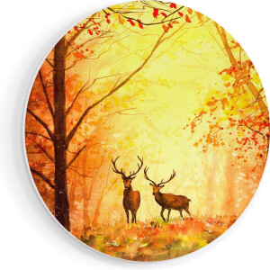 Artaza Forex Muurcirkel Getekende Herten In Het Bos - Herfst - 80x80 cm - Groot - Wandcirkel - Rond Schilderij - Wanddecoratie Cirkel