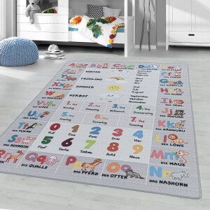 Flycarpets Kindervloerkleed - ABC, Cijfers en Dieren- Grijs 80x120 cm