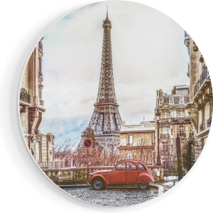 Artaza Forex Muurcirkel Eiffeltoren In Parijs Met Een Rode Kever Auto - 40x40 cm - Klein - Wandcirkel - Rond Schilderij - Wanddecoratie Cirkel