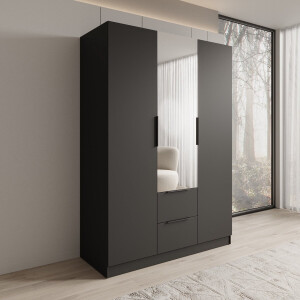 Meubella - Caliero - Kledingkast met spiegel - Zwart - 150x60x216 cm