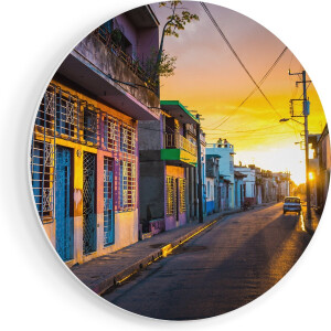 Artaza Forex Muurcirkel Cuba Kleurrijke Huisjes bij Zonsondergang - 90x90 cm - Groot - Wandcirkel - Rond Schilderij - Muurdecoratie Cirkel