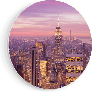 Artaza Forex Muurcirkel New York Skyline Met Lichten Bij Zonsondergang - 70x70 cm - Wandcirkel - Rond Schilderij - Wanddecoratie Cirkel - Muurdecoratie