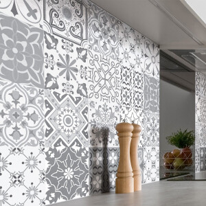 Zelfklevende tegelmuurstickers voor keuken en badkamer - 24 cementtegelstickers in grijstinten, Gythio - 24 stickers, 30x30cm