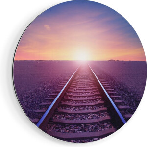 Artaza Dibond Muurcirkel Rails Spoorweg In De Woestijn Bij Zonondergang - Ø 50 cm - Klein - Wandcirkel - Rond Schilderij - Voor Binnen en Buiten