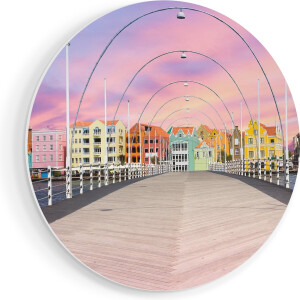 Artaza Forex Muurcirkel Willemstad Gekleurde Huisjes in Curaçao - 90x90 cm - Groot - Wandcirkel - Rond Schilderij - Muurdecoratie Cirkel