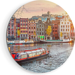 Artaza Dibond Muurcirkel Amsterdamse Huisjes Vanaf De Grachten - Ø 80 cm - Groot - Wandcirkel - Rond Schilderij - Voor Binnen en Buiten