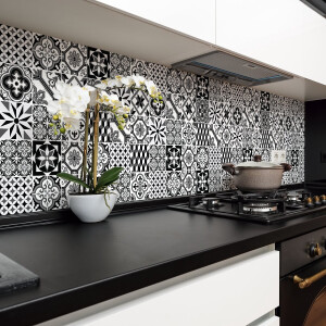 Zelfklevende tegelmuurstickers voor keuken en badkamer - 24 cementtegelstickers, zwart Azulejos - 24 stickers, 10x10cm