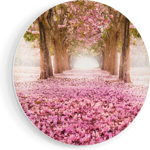 Artaza Forex Muurcirkel Romantische Bomen Tunnel Met Roze Anjers - 80x80 cm - Groot - Wandcirkel - Rond Schilderij - Wanddecoratie Cirkel