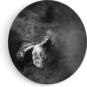 Artaza Forex Muurcirkel Man Met Een Hoed Trekt Zijn Pistool - Zwart Wit - 40x40 cm - Klein - Wandcirkel - Rond Schilderij - Wanddecoratie Cirkel