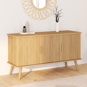 Dressoir Juliette 3-Deurs Buffet 110 cm – Helder Hout Lamellenlook, Afgeronde Hoeken, 40x110x60 cm – Stijlvolle TV-Kast en Opbergmeubel voor Woonkamer – Abkantoor