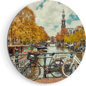 Artaza Dibond Muurcirkel Amsterdamse Brug Bij Een Brug Met Fietsen - Ø 90 cm - Groot - Wandcirkel - Rond Schilderij - Voor Binnen en Buiten