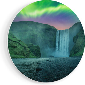 Artaza Forex Muurcirkel Waterval Met Het Groene Noorderlicht - 80x80 cm - Groot - Wandcirkel - Rond Schilderij - Wanddecoratie Cirkel