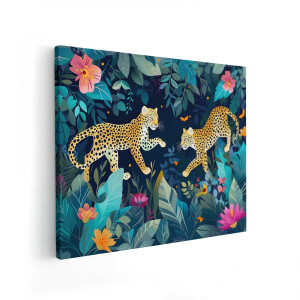 Artaza Canvas Schilderij Twee Luipaarden in een Weelderige - Kleurrijke Jungle met Exotische Bloemen en Vlinders - 50x40 cm - Wanddecoratie Woonkamer - Schilderijen - Muurdecoratie
