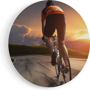 Artaza Forex Muurcirkel Wielrennen Fietser op de Weg bij Zonsondergang - 90x90 cm - Groot - Wandcirkel - Rond Schilderij - Muurdecoratie Cirkel