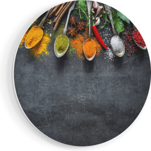 Artaza Forex Muurcirkel Kruiden En Specerijen Op Een Zwarte Plaat - 90x90 cm - Groot - Wandcirkel - Rond Schilderij - Muurdecoratie Cirkel