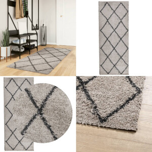 vidaXL Vloerkleed PAMPLONA shaggy hoogpolig 80x200 cm beige antraciet - Vloerkleed - Vloerkleden - Tapijt - Vloerbedekking