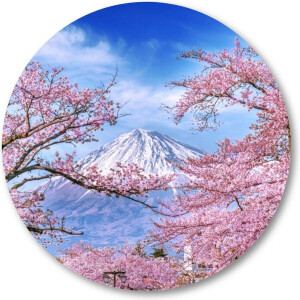 Fuji-berg en kersenbloesems in de lente, Japan - Muurcirkel 70cm - Wandcirkel voor buiten - Aluminium Dibond - Besteposter - Landschap