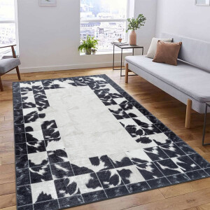 Flycarpets Amira Vloerkleed Vintage - Patchwork Design Zwart / Wit - Wasbaar - 80x150 cm
