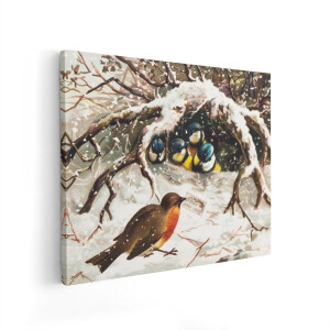 Artaza Canvas Schilderij Vogels In De Sneeuw - 100x80 cm - Wanddecoratie Roodborstje - Muurdecoratie Mezen - Vintage Schilderijen Op Canvas