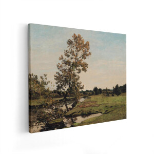 Artaza Canvas Schilderij Herfstlandschap met Boom en Kabbelend Water - Schilderij van Théodore Rousseau - 100x80 cm - Wanddecoratie Woonkamer - Schilderijen - Muurdecoratie