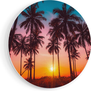Artaza Forex Muurcirkel Palmbomen op het Strand bij Zonsondergang - 80x80 cm - Groot - Wandcirkel - Rond Schilderij - Wanddecoratie Cirkel