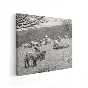 Artaza Canvas Schilderij Lammertjes en Schapen in een Weide - een Klassieke Illustratie van Homer - 100x80 cm - Wanddecoratie Woonkamer - Schilderijen - Muurdecoratie