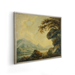 Artaza Canvas Schilderij Romantisch Berglandschap met Rotsformaties en Figuren bij Water - 50x40 cm - Wanddecoratie Woonkamer - Schilderijen - Muurdecoratie