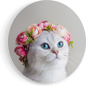 Artaza Forex Muurcirkel Kat Met Een Bloemen Kroon - 80x80 cm - Groot - Wandcirkel - Rond Schilderij - Wanddecoratie Cirkel