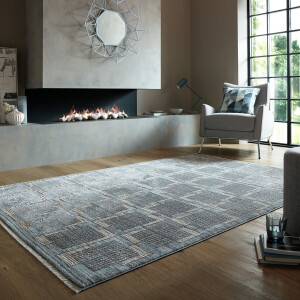Flycarpets Laagpolig Modern vloerkleed - Evelyn Geblokt - Grijs / Beige / Blauw 160 x 240 cm