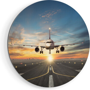 Artaza Dibond Muurcirkel Vliegtuig Met Een Landing Op De Luchthaven - Ø 40 cm - Klein - Wandcirkel - Rond Schilderij - Voor Binnen en Buiten